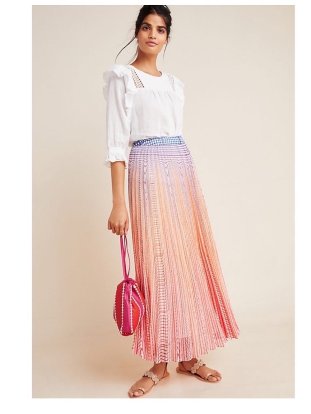 Anthropology Geisha Designs Dawn Coral Ombre Pleated Maxi Skirt Sz 10
